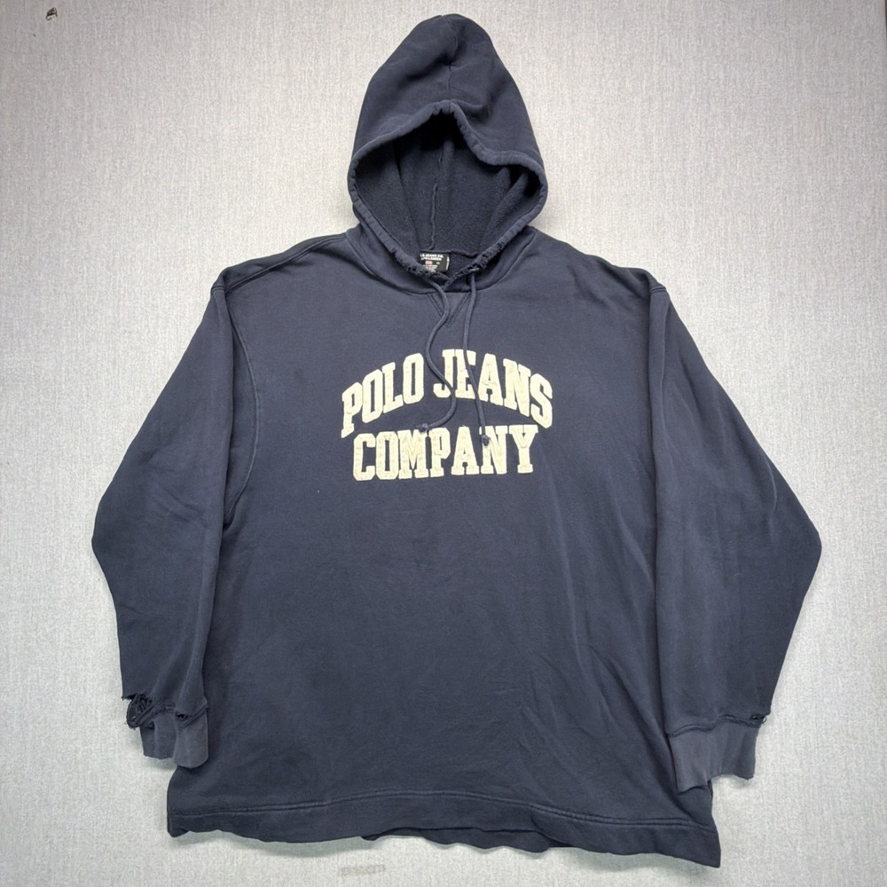 Polo Jeans Company Hoodie Mens XL Blue Pullover Fleece Sweatshirt Thrashed